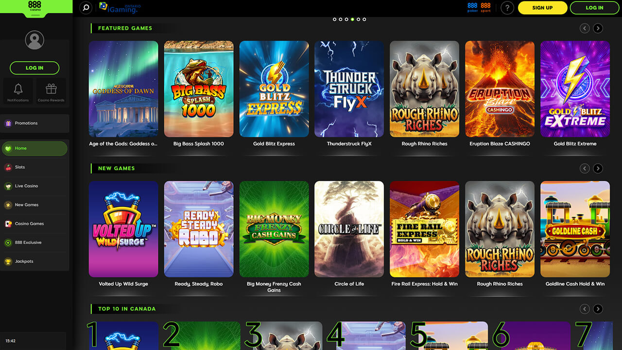 888casino online lobby showing various casino game titles with a side-panel menu