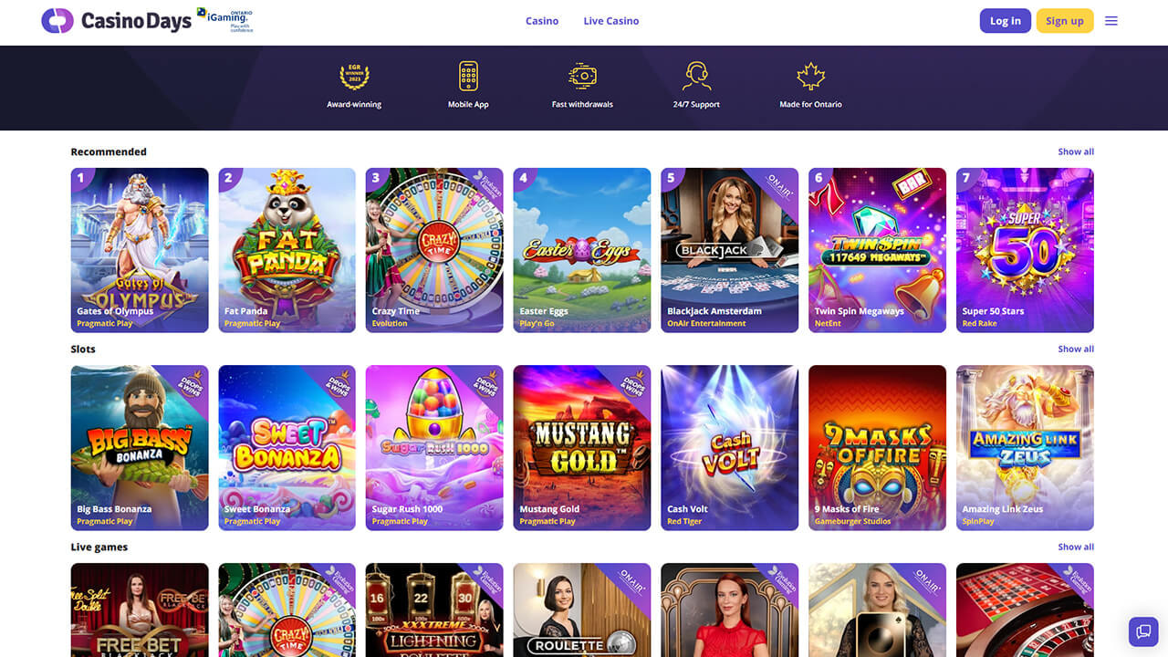 CasinoDays lobby displaying Recommended games, plus Slots and Live Casino sections