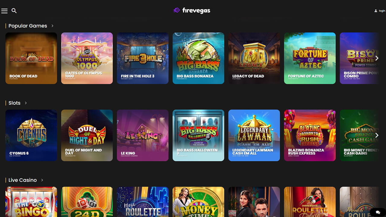 FireVegas casino lobby showing various game titles