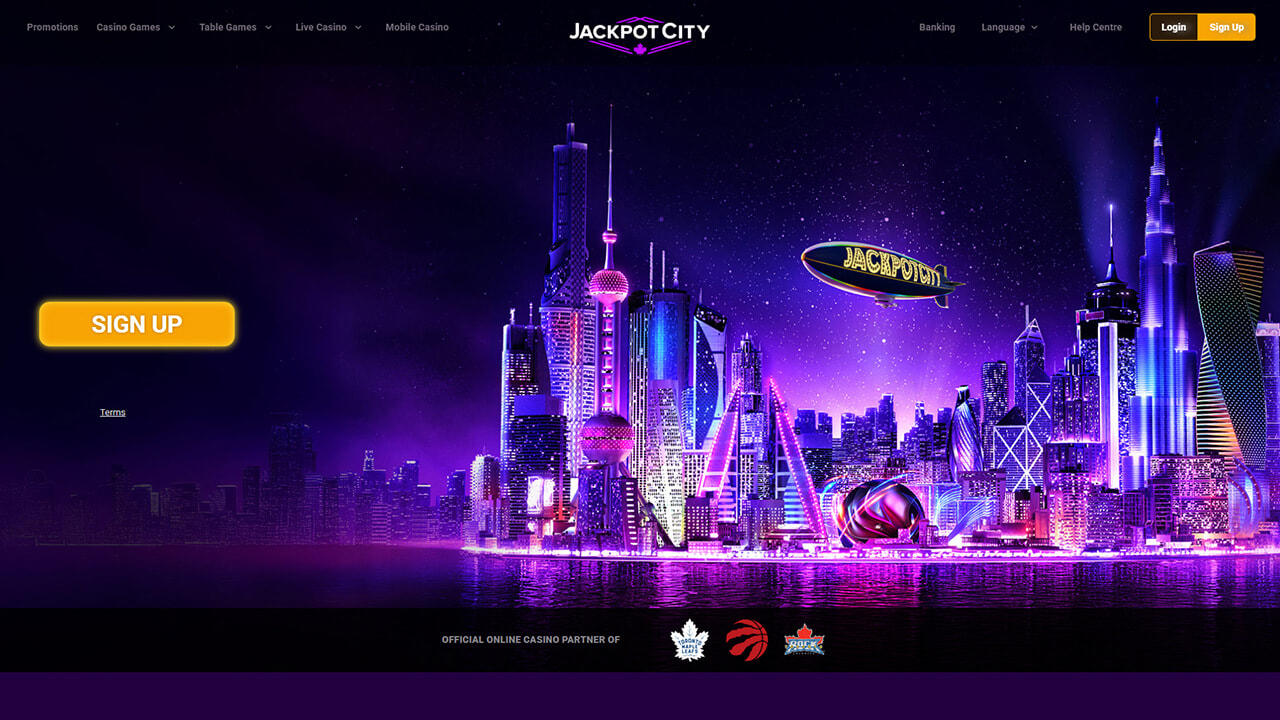 Jackpot City homepage featuring a neon city skyline and a big Sign Up button