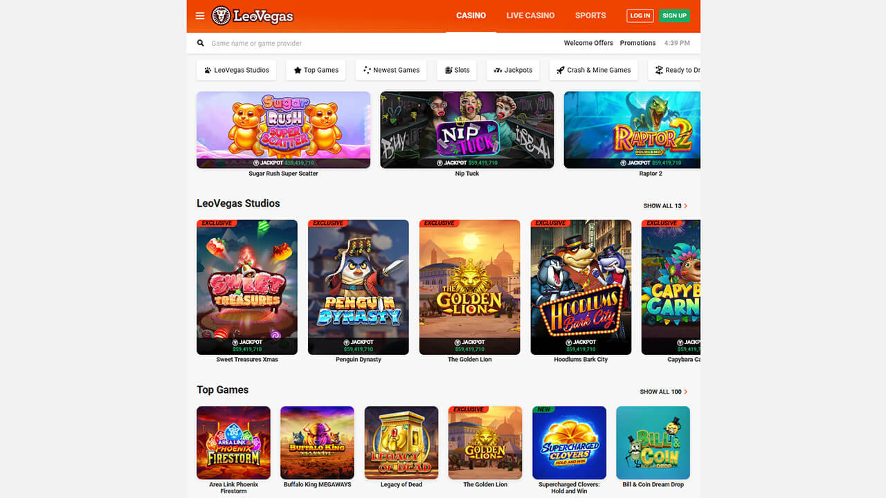 LeoVegas casino lobby with orange header and grid of colourful slot thumbnails