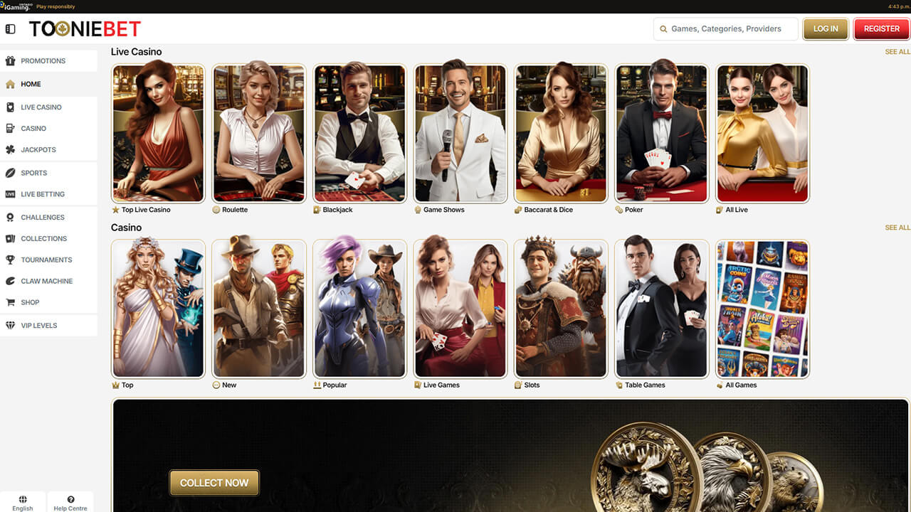 ToonieBet Canada homepage showing various RNG table games and slot game categories