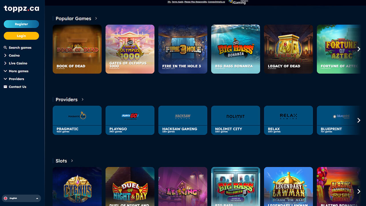 Toppz casino homepage displaying popular online casino games like Book of Dead and Big Bass Bonanza
