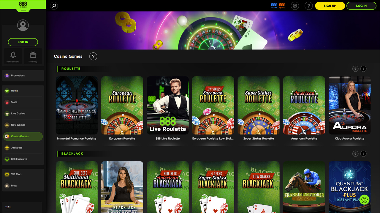 888casino lobby showing roulette and blackjack games, including live tables and multiple classic variants