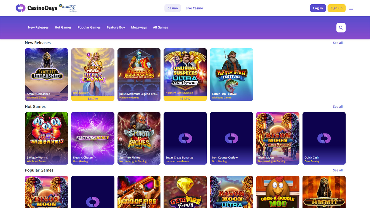 Casino Days homepage featuring new slot releases, hot games, and popular titles displayed in a colourful grid