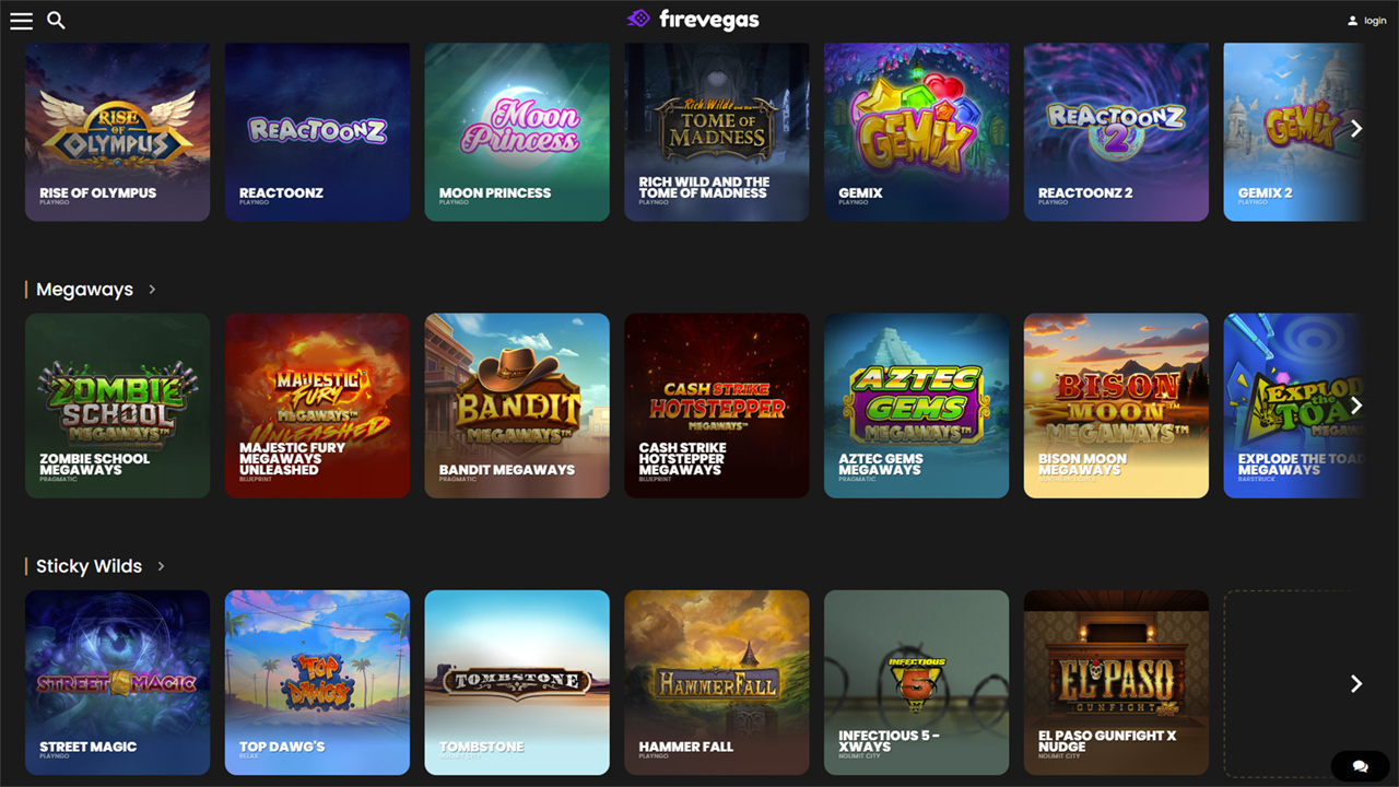 FireVegas casino interface displaying popular slot games, Megaways titles, and themed game categories
