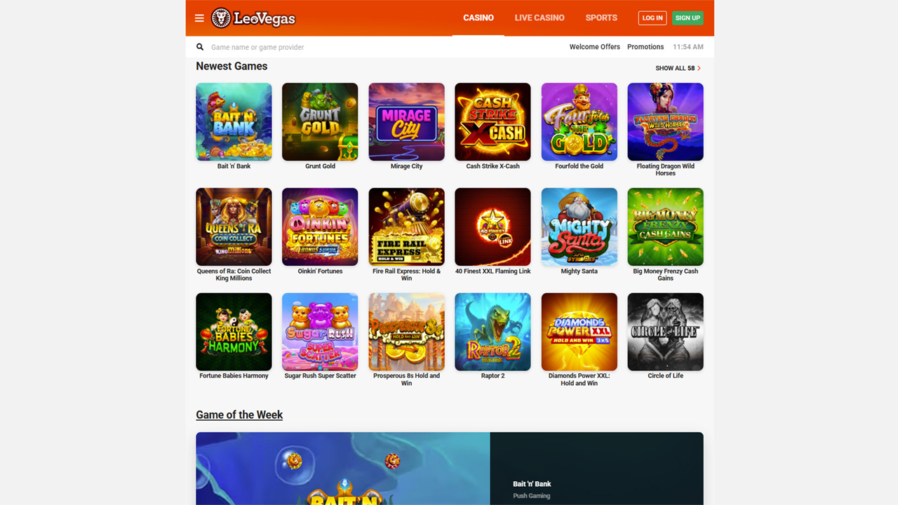 LeoVegas casino lobby highlighting the newest slot games with grid-based thumbnails and search tools