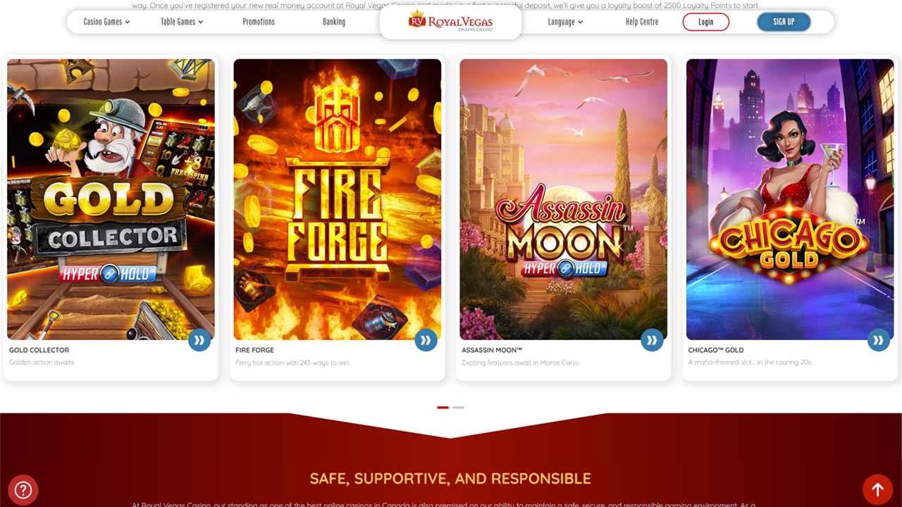 Royal Vegas slot game selection featuring Gold Collector, Fire Forge, and other popular titles