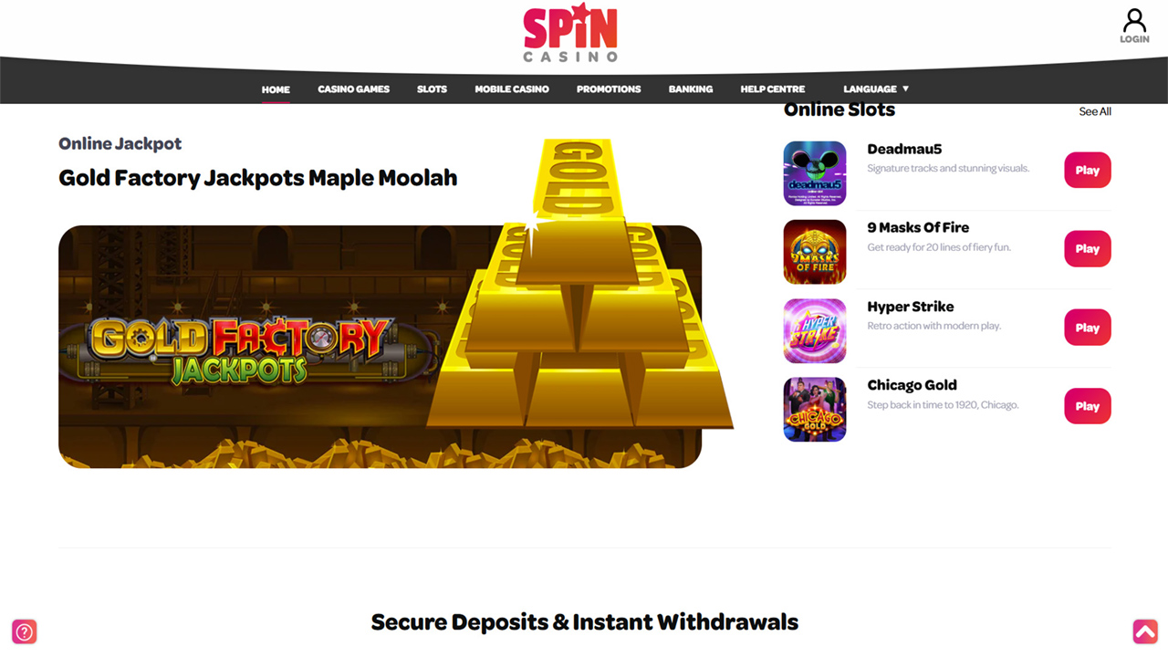 Spin Casino jackpot page promoting Gold Factory Jackpots alongside featured slot games