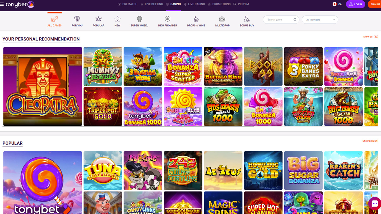 TonyBet casino games page showing personalized slot recommendations and popular titles in horizontal rows