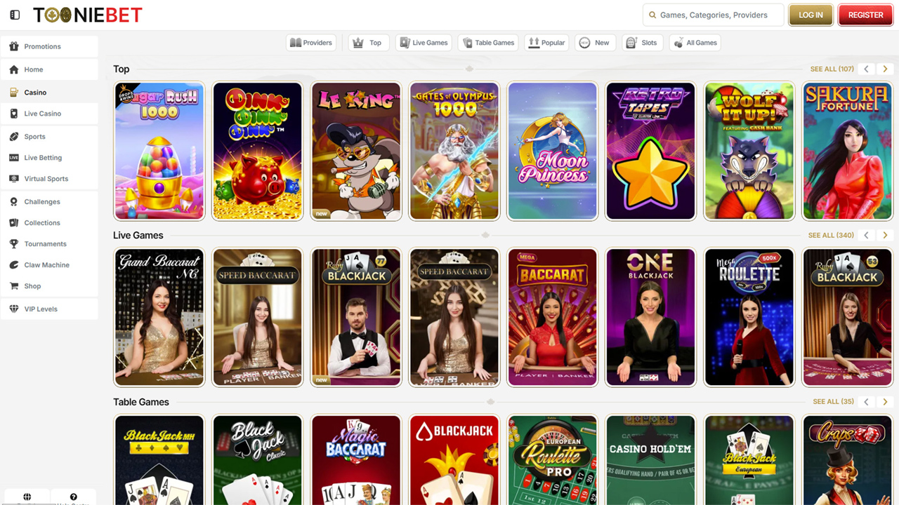 ToonieBet casino lobby displaying slots, live dealer games, and table games with dealer thumbnails
