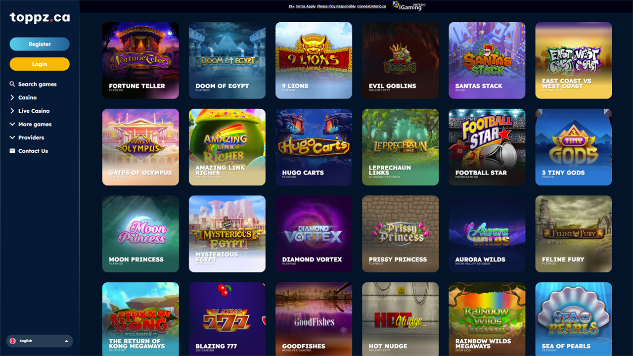 Toppz casino game library featuring a wide selection of slot titles in a clean grid layout